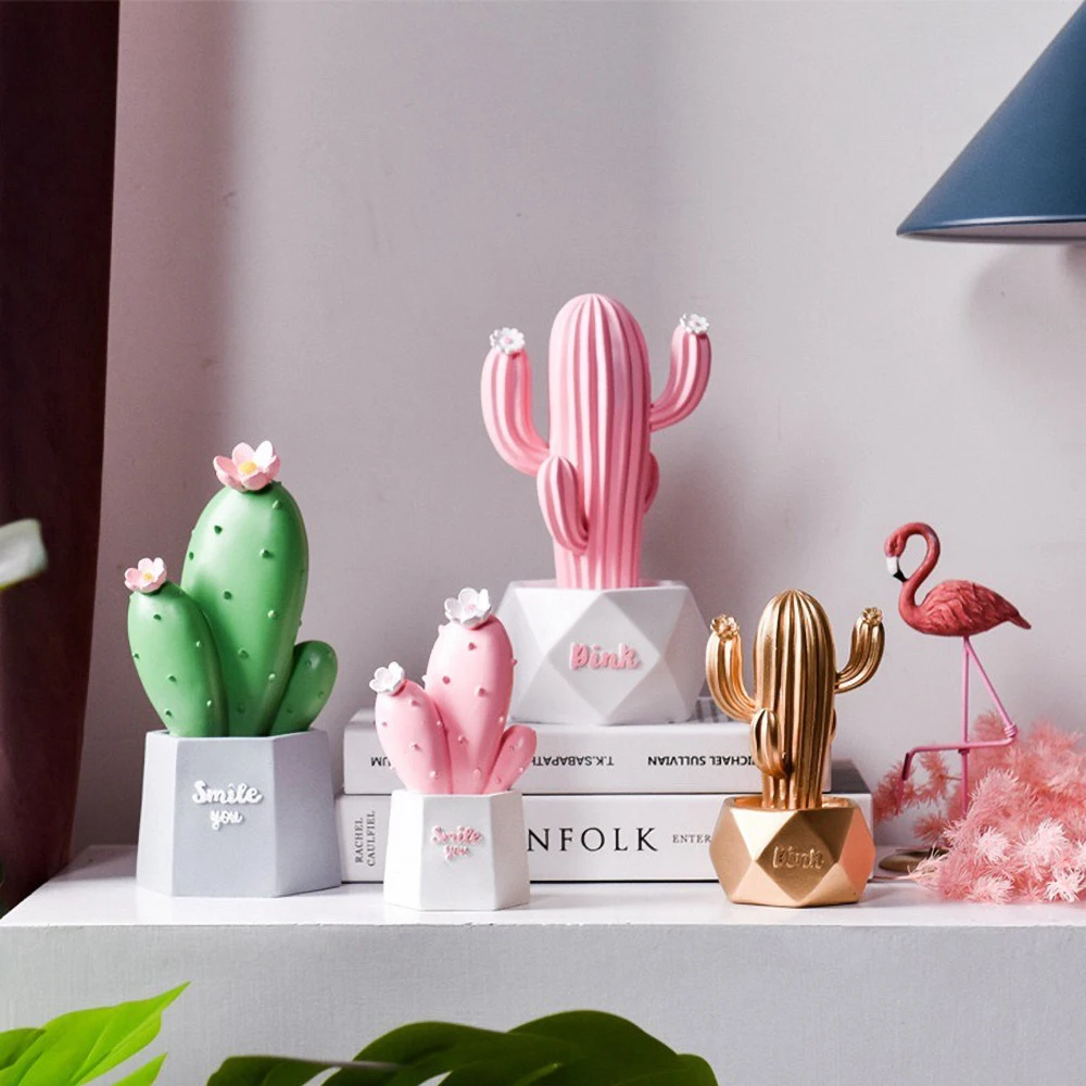 Pink Resin Cactus Desk Decor - Mini Succulent Ornament for Girls, Self Care Gift for Women Office & Home