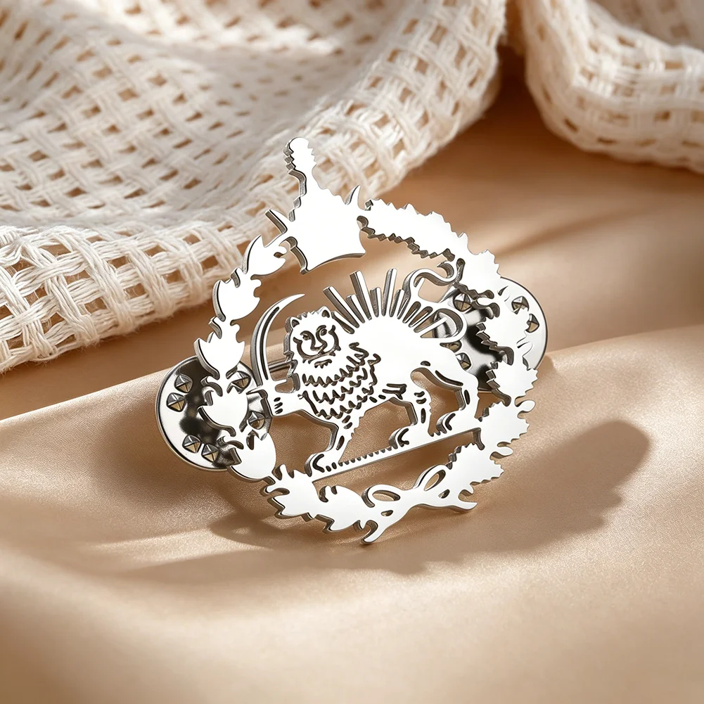 Persian Lion and Sun Brooch Stainless Steel Persian Lion and Sun Lapel Pin Iranian Heritage Jewelry Suit Pin for Men Women Gift