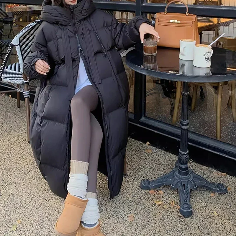 Women Casual Thicken Warm Hooded Down Coat Long Sleeve Zipper Pocket Long Coat Lady Office Parkas Fall Winter Down Coat