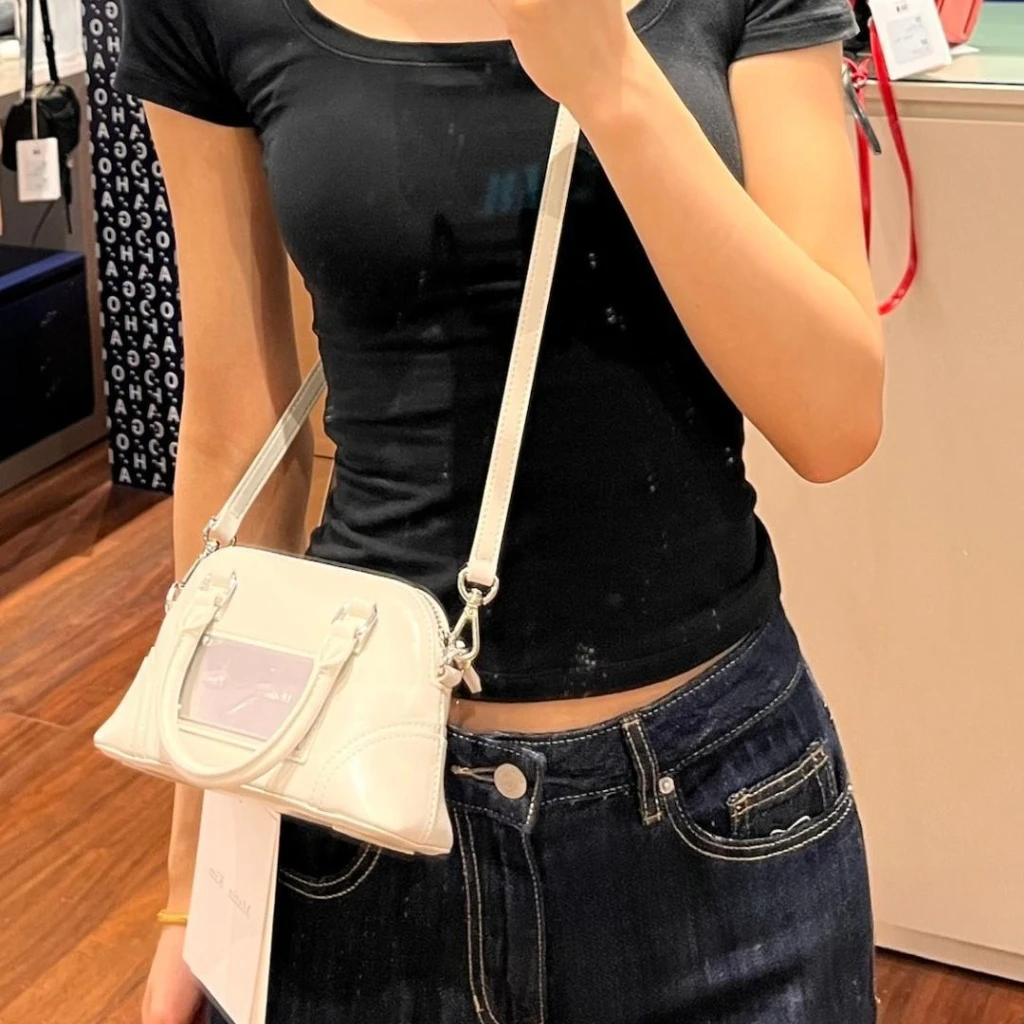 MATIN KIM Ladies Mini Boston Bag PU Leather Top Handle Handbag Metal Plate Crossbody Shoulder Purse Korean Streetwear Casual Bag