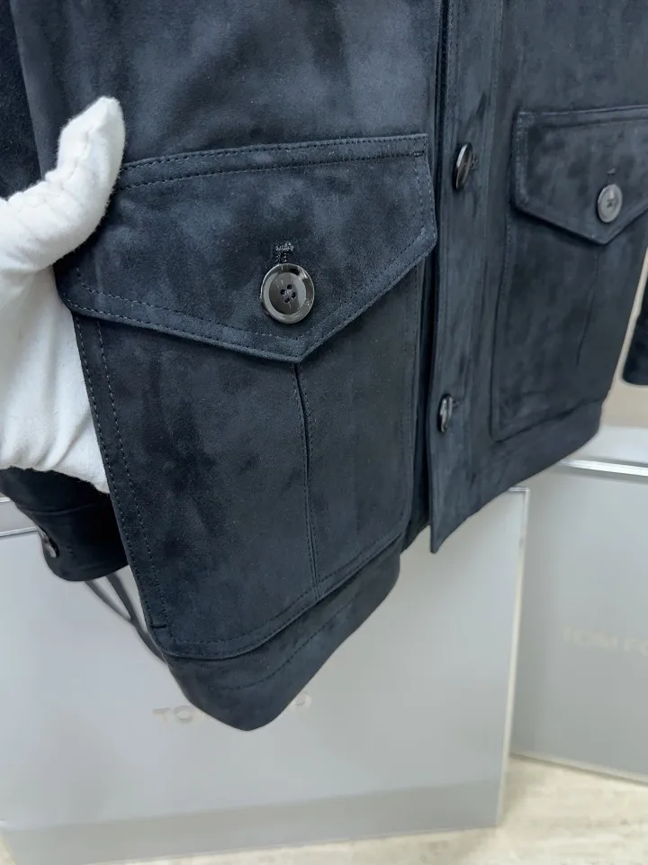 TF Men Old Money Style 26 Autumn Winter New Lapel Button Big Pocket Thin Buffalo Horn Button Deerskin Warm Leather Jacket
