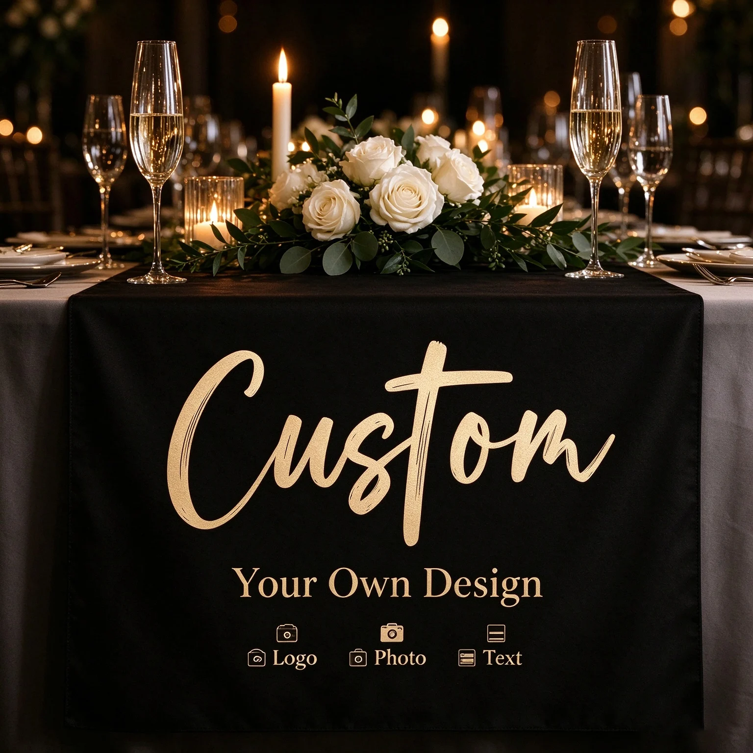 Custom-made branded tablecloths and table skirts featuring personalized logo printing—an ideal choice for trade show booths, eve