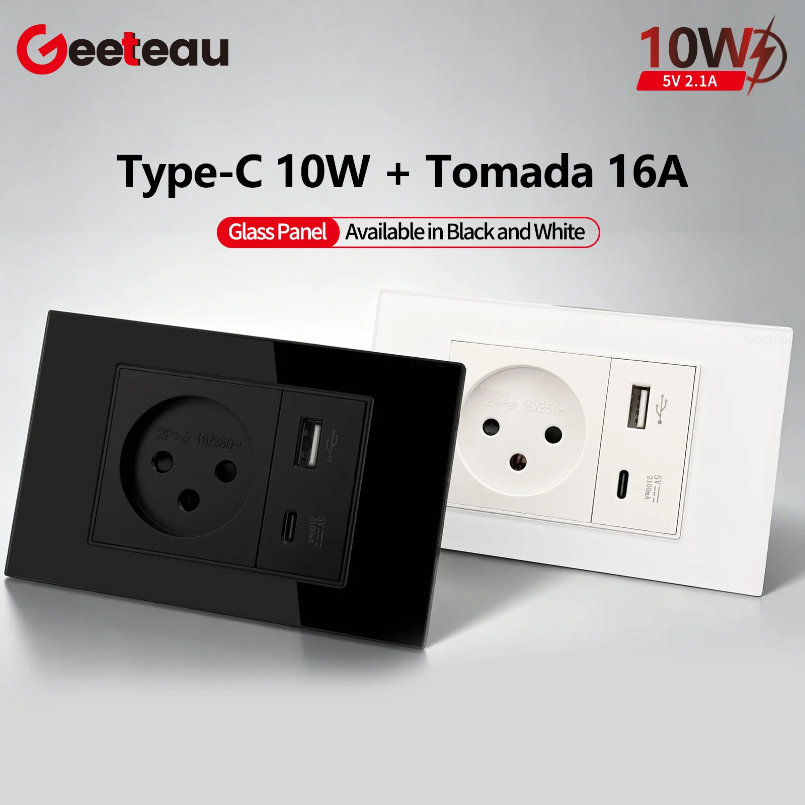 Geeteau Israel Type H Glass Panel Socket 16A 230V 10W USB C Phosphor Copper Secure Buckle Household Safe Wall Outlet