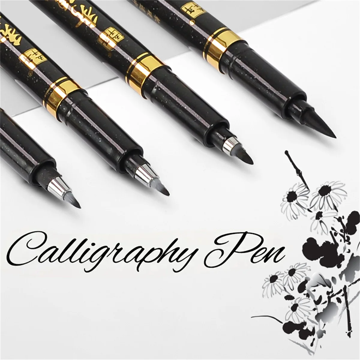 Imagem -02 - Japão Caligrafia Brush Pen Grupo Grosso Médio Pequeno Ultra-fine Ponta de Feltro Preto Estilo Marcadores Rotulador Case 4pc Lot