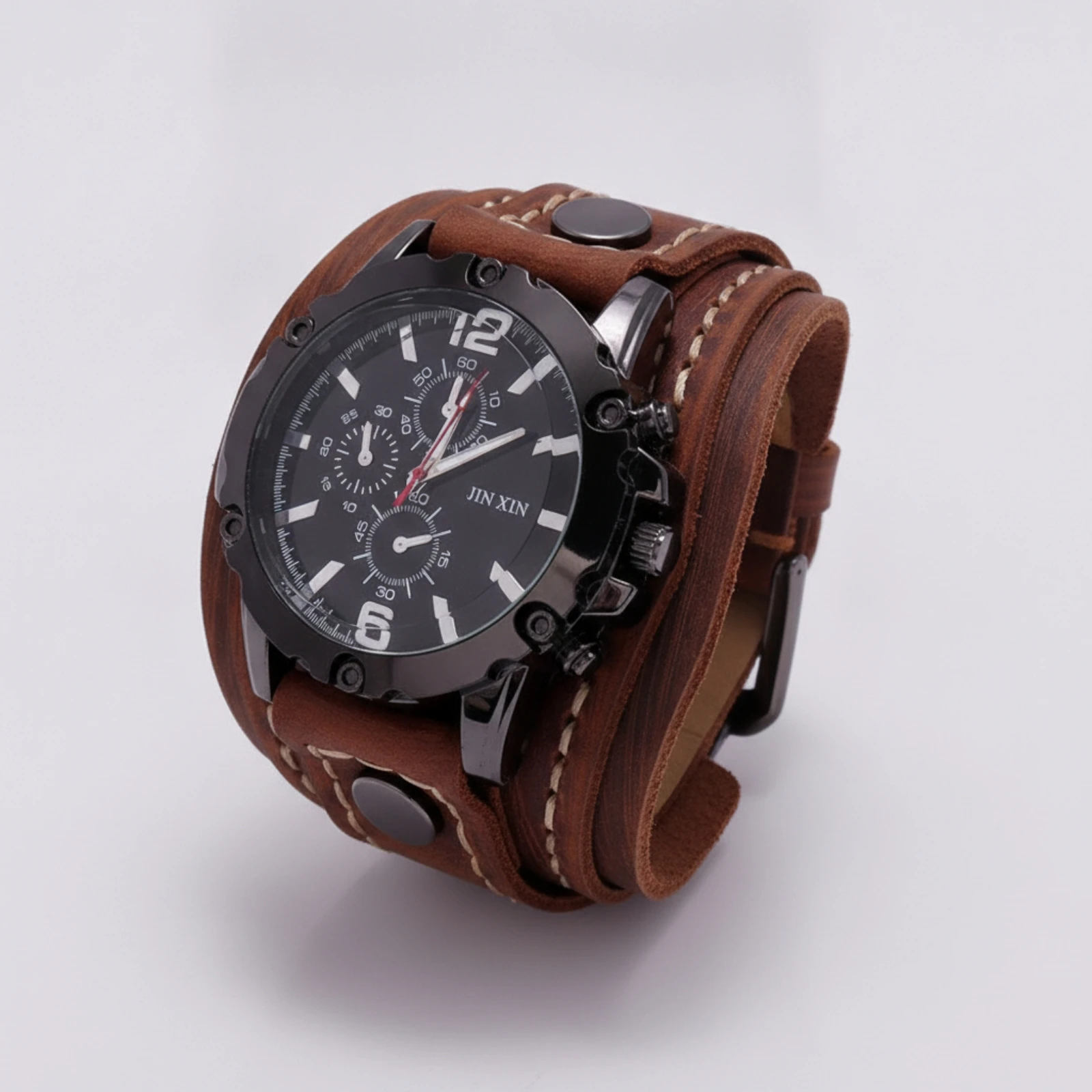 Image of Quarzuhr mit Lederarmband, breite Lederarmbanduhr, handgefertigte Modeuhr für Herren, Streetwear, Alltagskleidung