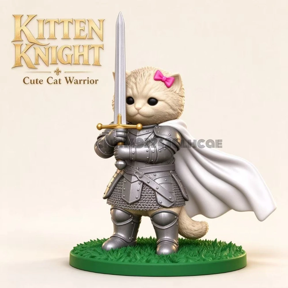 Funny Cat Knight Desktop Ornament,Cute Kitten Warrior with Sword,Roadside Lizard Buddy,Fantasy Medieval Cats Charm for Cat Lover