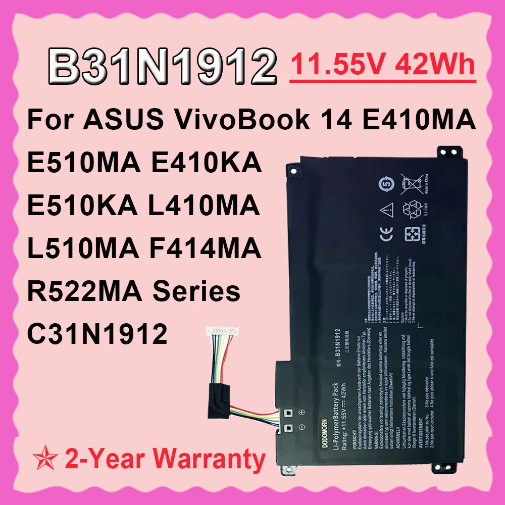 For ASUS VivoBook 14 E410MA E510MA E410KA E510KA L410MA L510MA F414MA R522MA Series B31N1912 C31N1912 Laptop Battery 11.55V 42Wh
