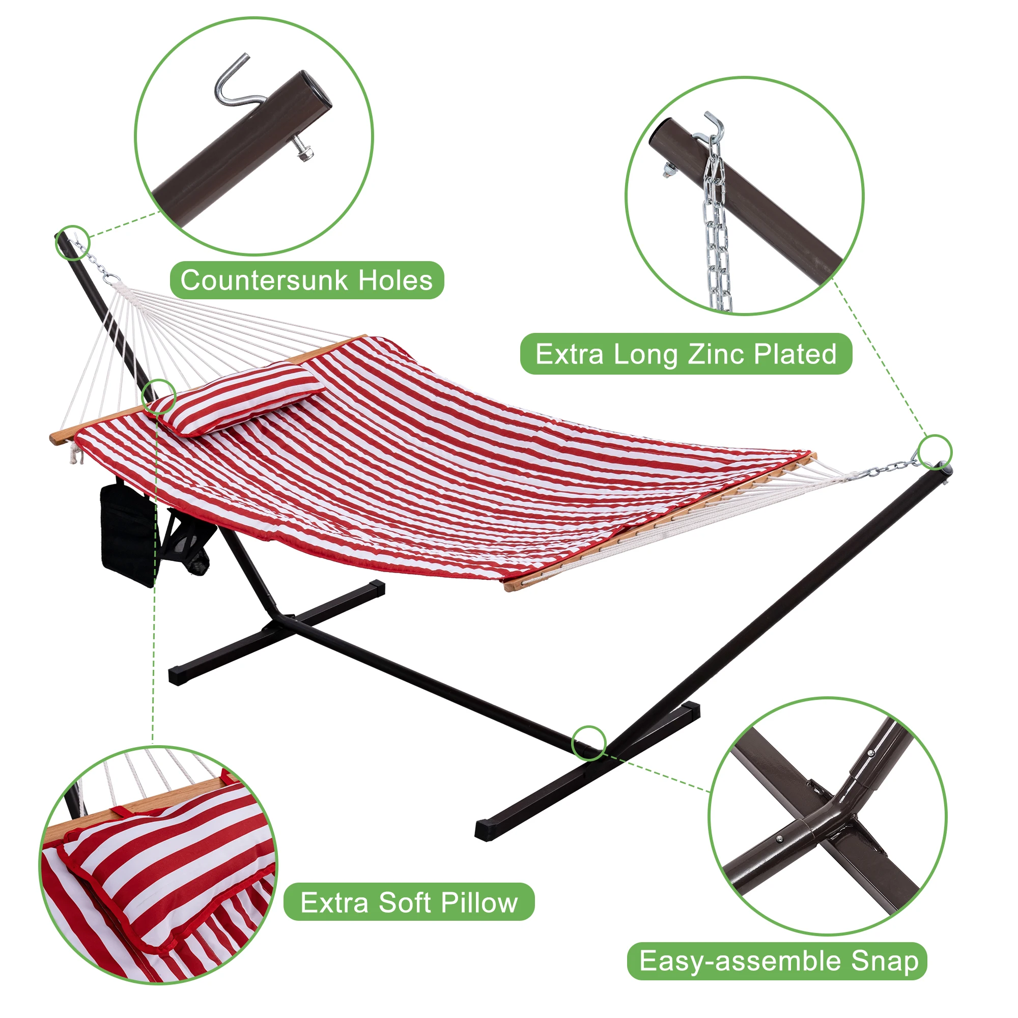 12 Feet Steel Hammock Stand with Cotton Rope Hammock Combo, Quilted Polyester Hammock Pad, Pillow, Mag Bag and Cup Holder