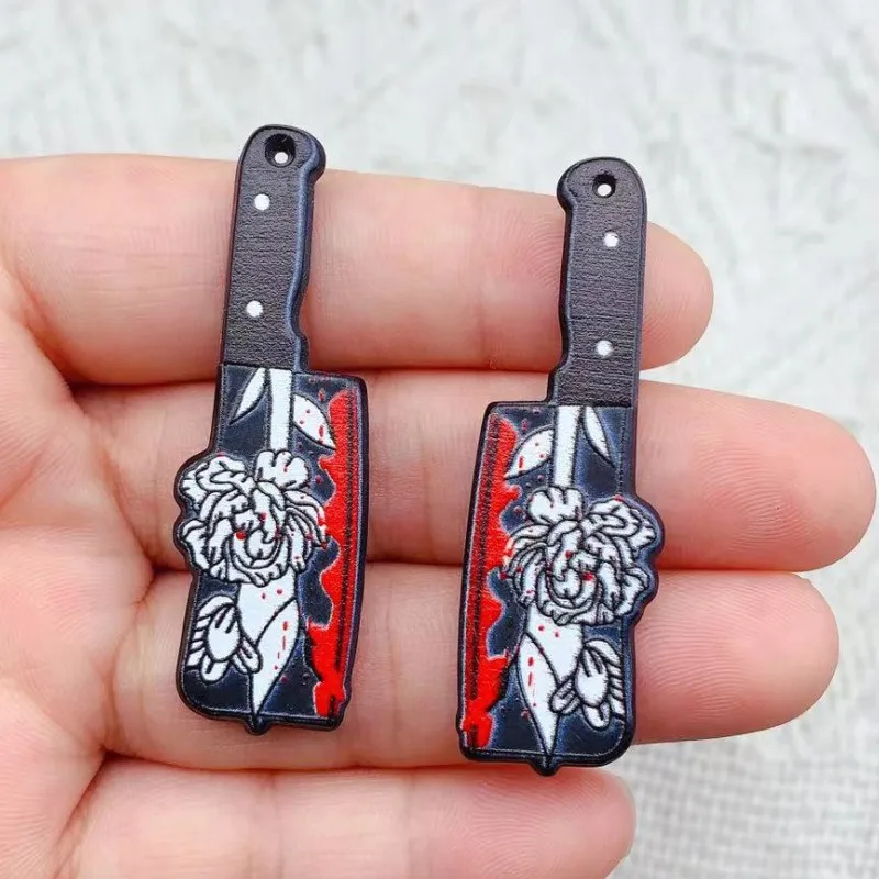 Double-Sided Gothic Black Flower Dagger Acrylic Charms, 10pcs