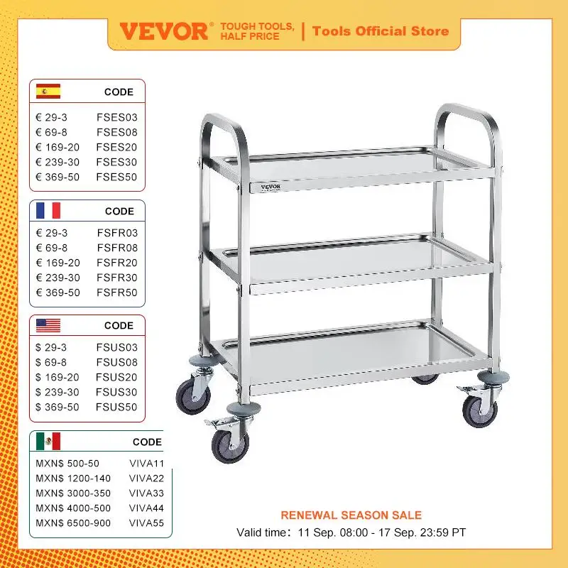 VEVOR Stainless Steel Cart 3/2/1 Layers Lab Utility Cart Medical Cart W/ Lockable Universal Wheels for Lab Clinic Kitchen Salon