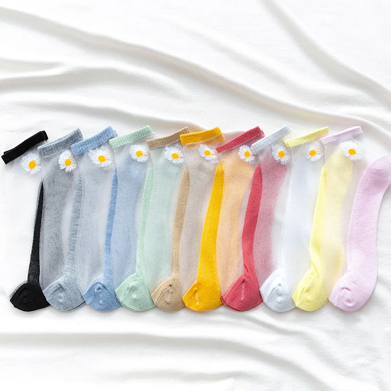 10 Paar Frauen weiße Gänseblümchen Blume kurze Socken Set Mode Sommer dünne atmungsaktive Bonbon farbe transparente Kristall Seide Söckchen – Detail 5