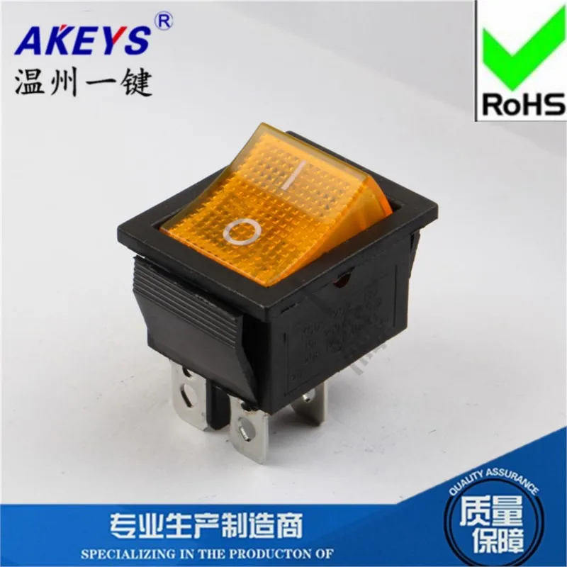 10 ชิ้น KCD4-201N Rocker switch 16A สูง 4 ฟุต 2 เกียร์ 25*31 แสงสีเหลือง