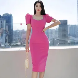 2023 Summer New Korean Temperament Elegant Women Square Collar Puff Sleeve Pencil Office Chic Casual Holiday Dresses