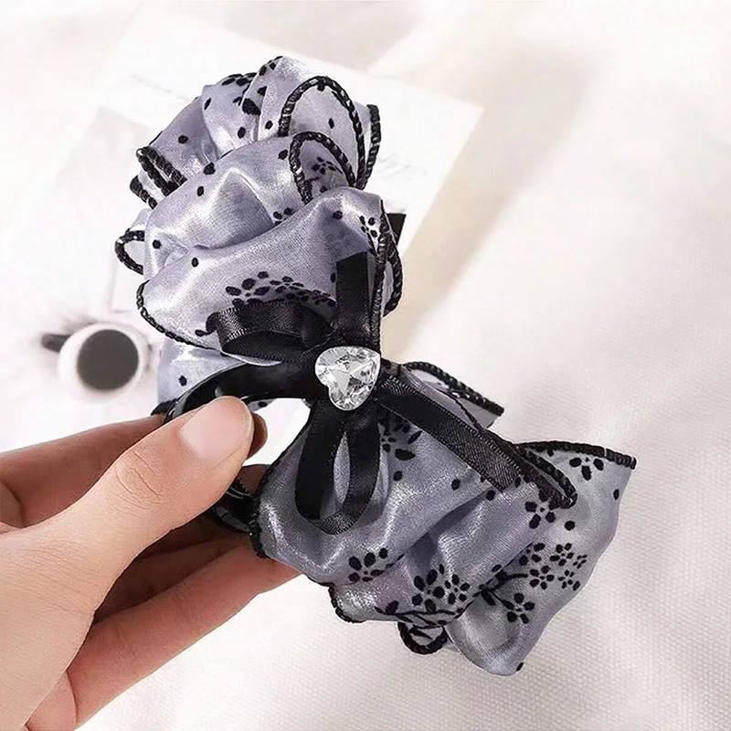 1pc women\'s multi-color rhinestone heart embellishment mesh bow hair clip double-sided bubble grip clip fluffy hair claw