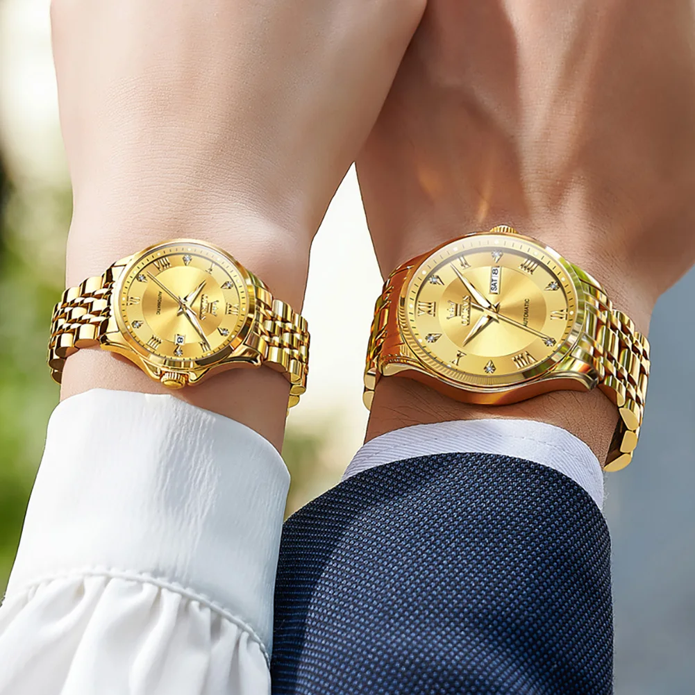 OLEVS 6702 العلامة التجارية الأصلية الفاخرة التلقائي ساعات الزوجين زوج مجموعة للنساء والرجال مقاوم للماء الذهب الميكانيكية عاشق ساعة اليد #2