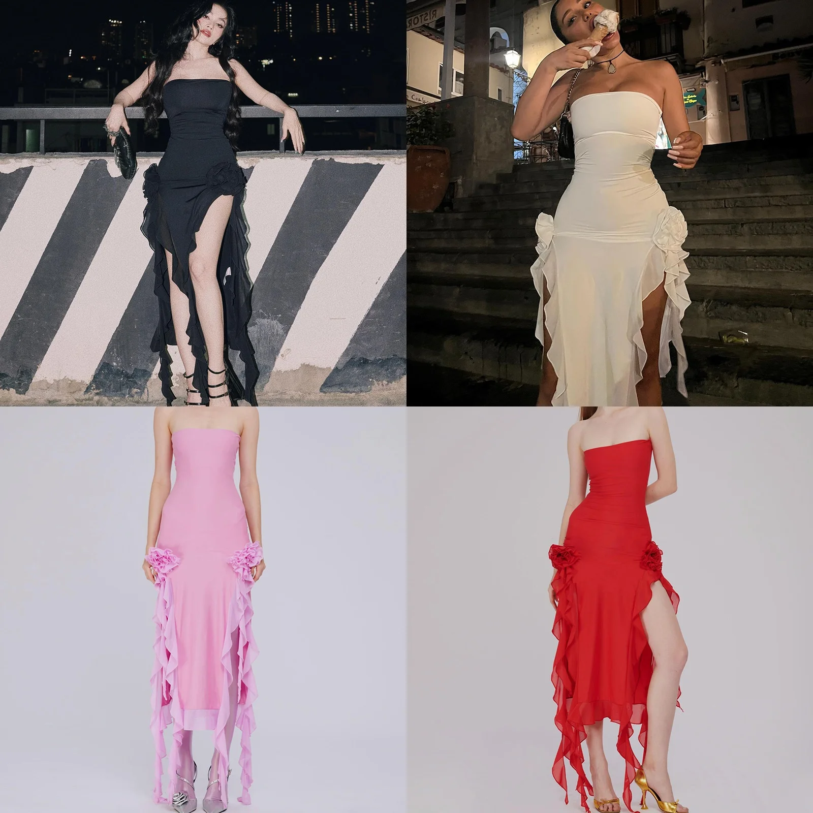Sexy Bodycon-Kleid Frühling Sommer Schlitzkleid mit Raffungen und Bindedetail vorne Midi-Partykleid Clubwear