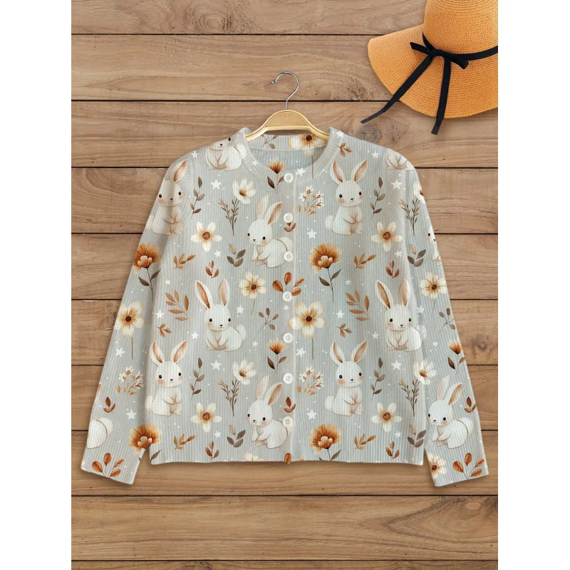 

White Rabbit Xiao Hua Digital Print Women's Knit Cardigan Thick & Loose-Fit Crew Neck Long Sleeve Autumn/Winter Casual Style