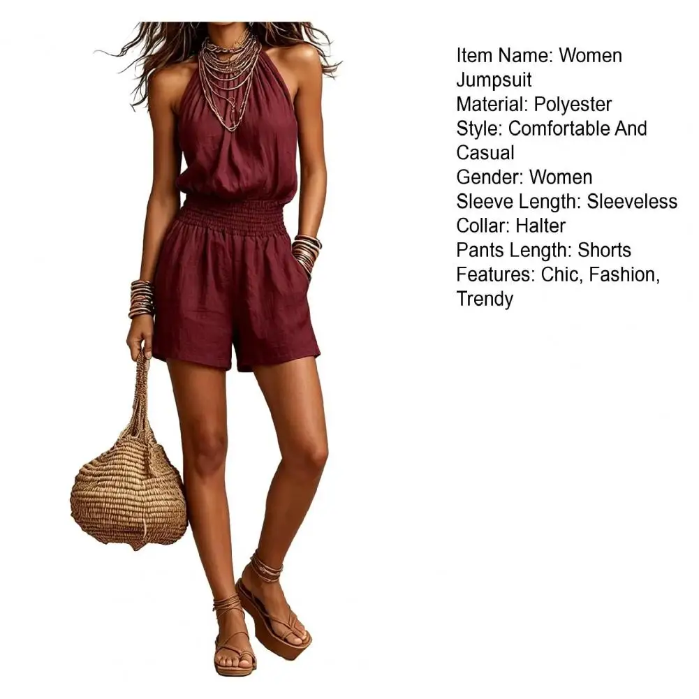 

Women's Loose Fit Jumpsuit Halter Neck Summer Jumpsuit Sleeveless Wide Leg Short Pants Romper High Waist One Piece Overalls