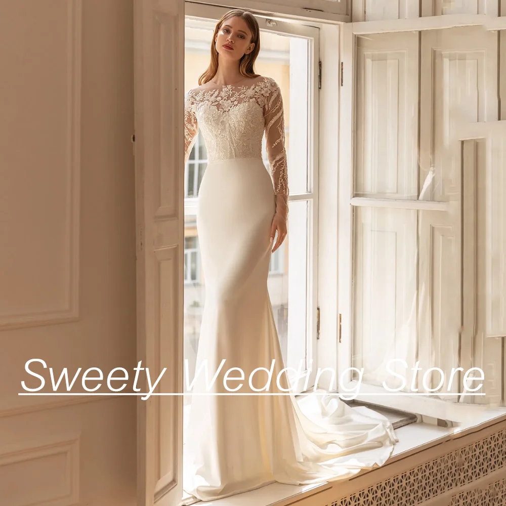 Ivory Mermaid Wedding Dress Round Neck Long Sleeves Sparking Beading Applique Sweep Train Illusion Bridal Gown Bride Dresses