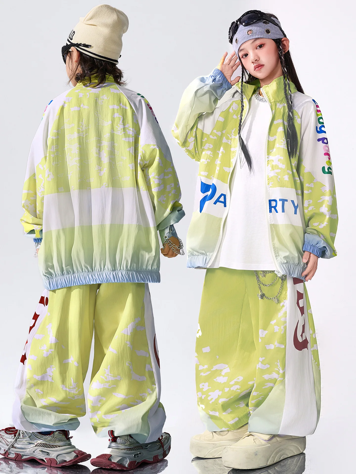 십대 녹색 스포츠 정장 헐렁한 힙합 의류 긴 소매 코트 바지 소년 소녀 가을 겨울 거리 댄스 의상