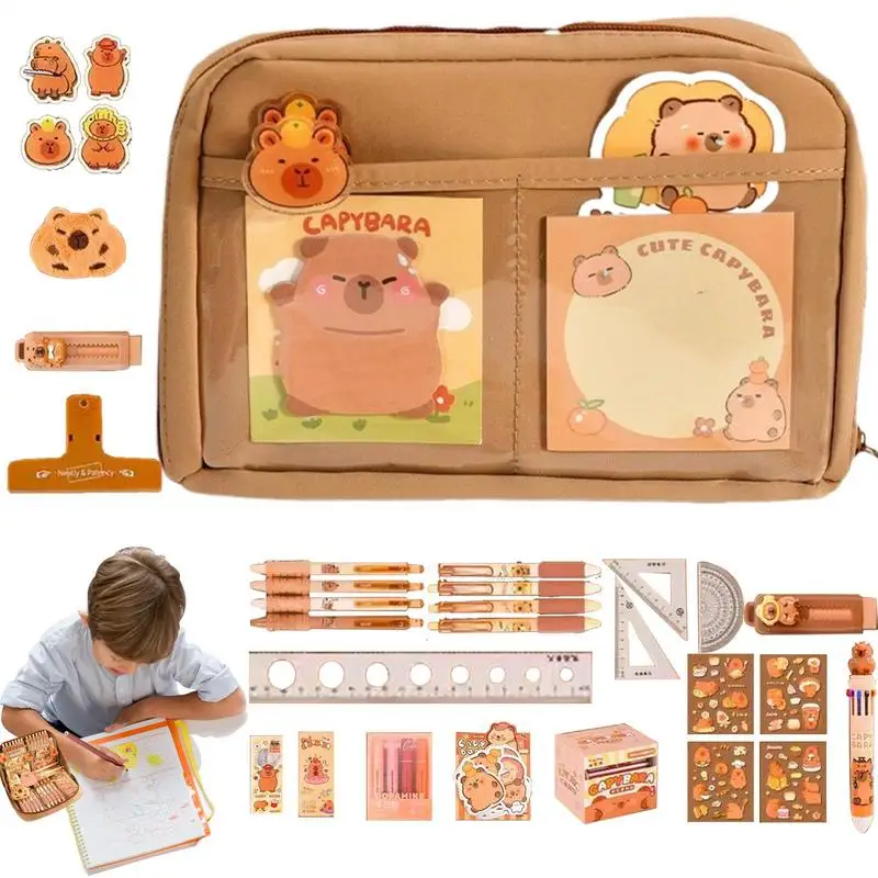 Capybara Themed Stationery Set Cute Pencil Case With Pens, Clips, Rulers And More Wide Opening Pencil Organizer For Students