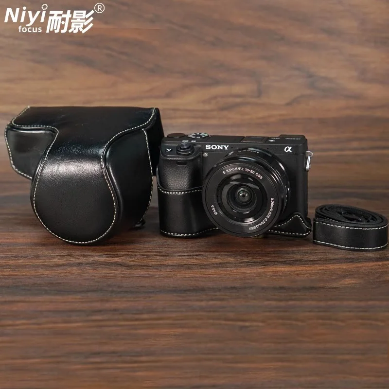 Retro-Ledertasche, Kameratasche für Sony A6000 A6100 A6300 A6400, schützende Halbgehäuse-Schrauben mit Schulter- und Nackengurt