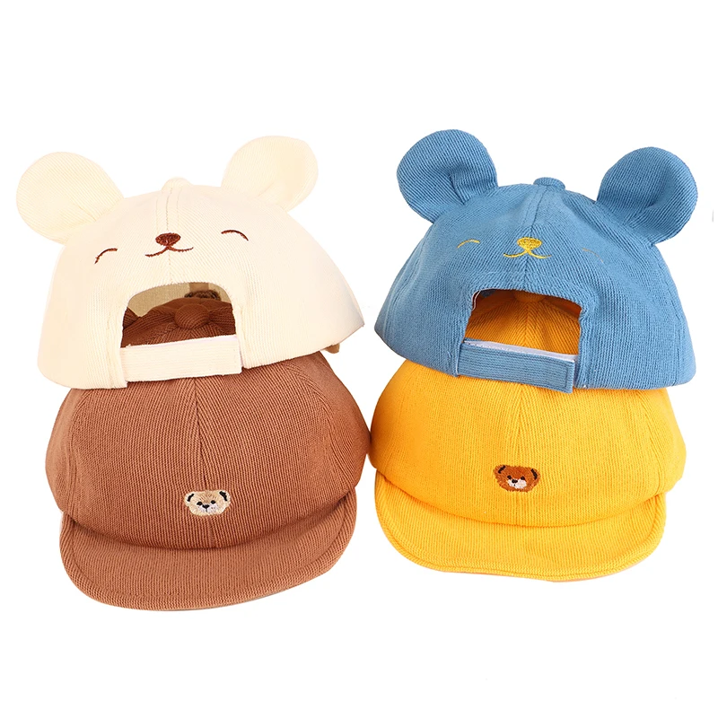 Cute Cartoon Bear Baby Baseball Hat With Ears Adjustable Solid Color Infant Peaked Cap Spring Summer Kids Cotton Sun Hats