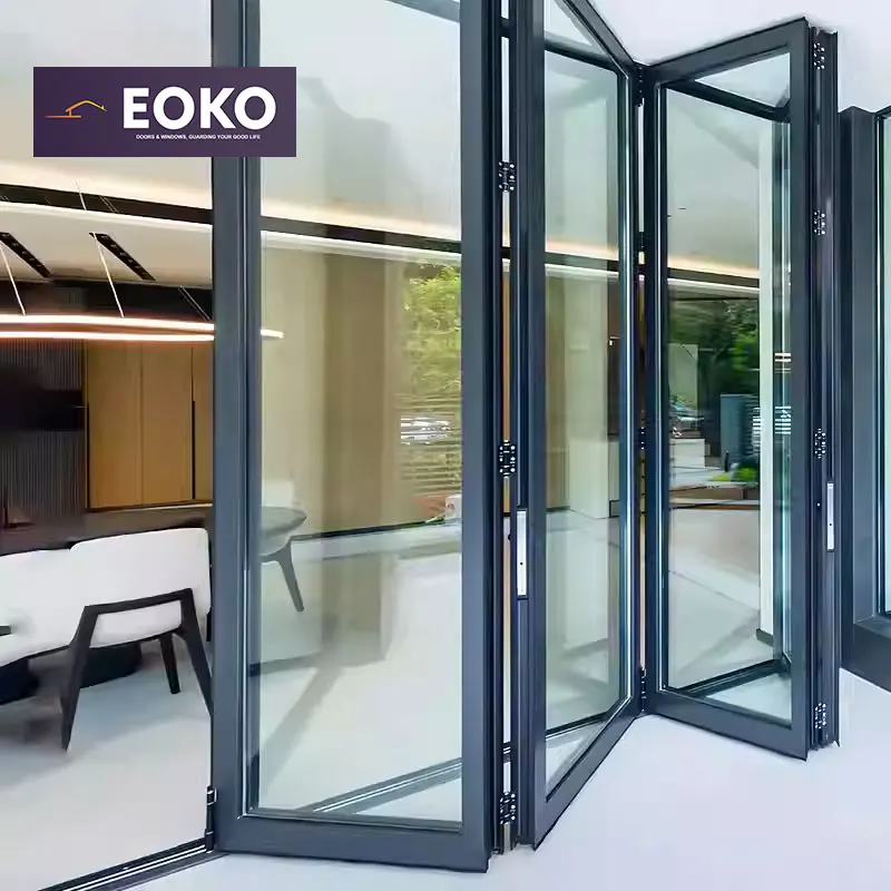 

Custom EOKO Bio Folding Door Glass Retractable Folding Door Aluminum Bi Fold Door With Blind
