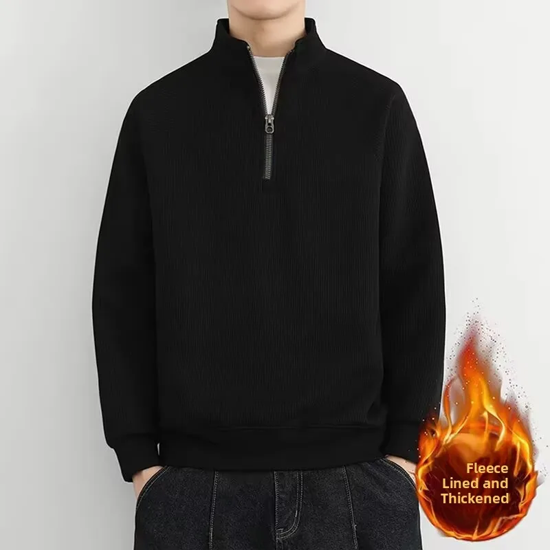 Thickened Half Zipper Hoodie for Men Warm Fleece Casual Style Stand Collar Autumn Winter New Fashion Loose Fit Comfortable Lo...
