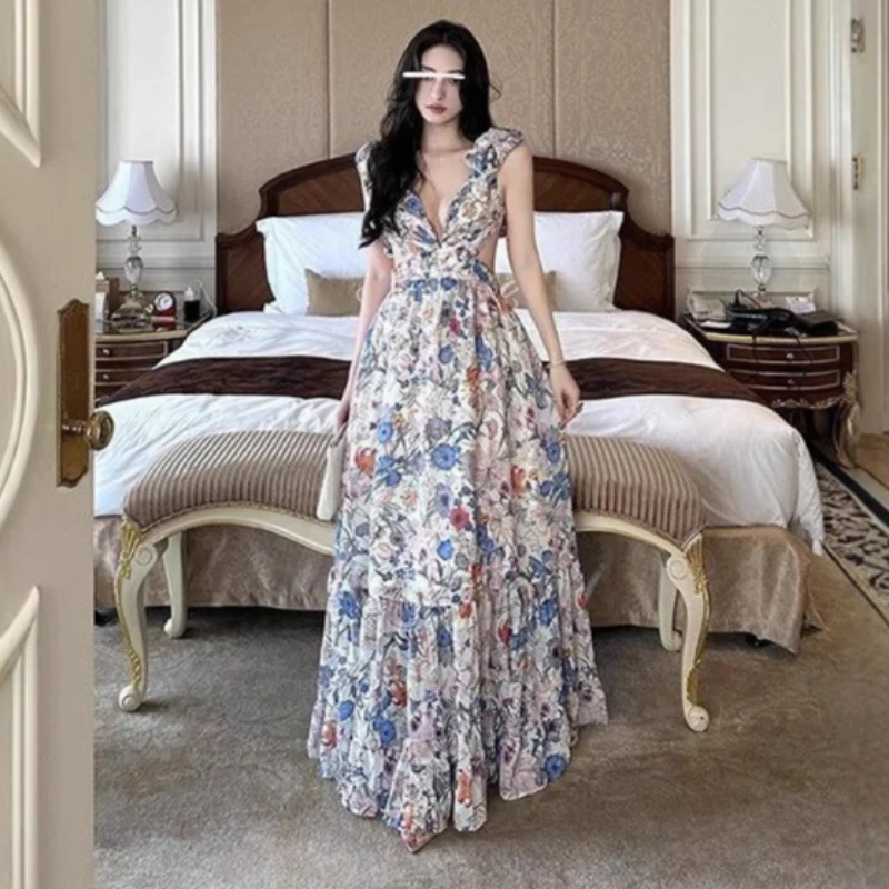 

Новое курортное платье с принтом для женщин, летнее платье, дорожный наряд, элегантный дизайн, платье для дня рождения, шикарные длинные платья с вырезами