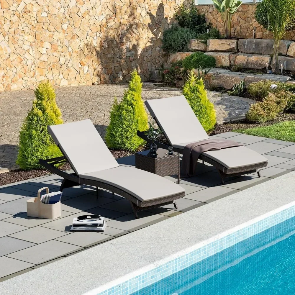 Juego de chaise lounge para patio de 3 piezas con respaldo ajustable y cojín extraíble, silla de piscina al aire libre |