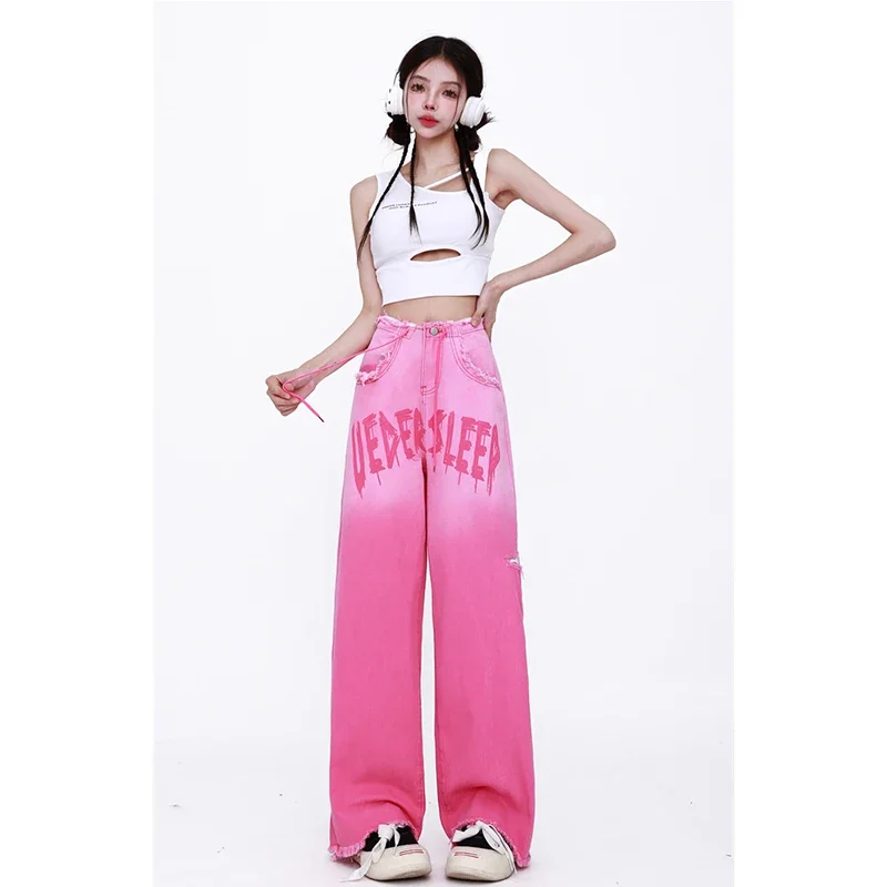 

Women Pink Jeans Contrasting Colors High Waist HarajukuStreet Wide Leg Pants Fashion Hip Hop Vintage Straight SummerTrousers