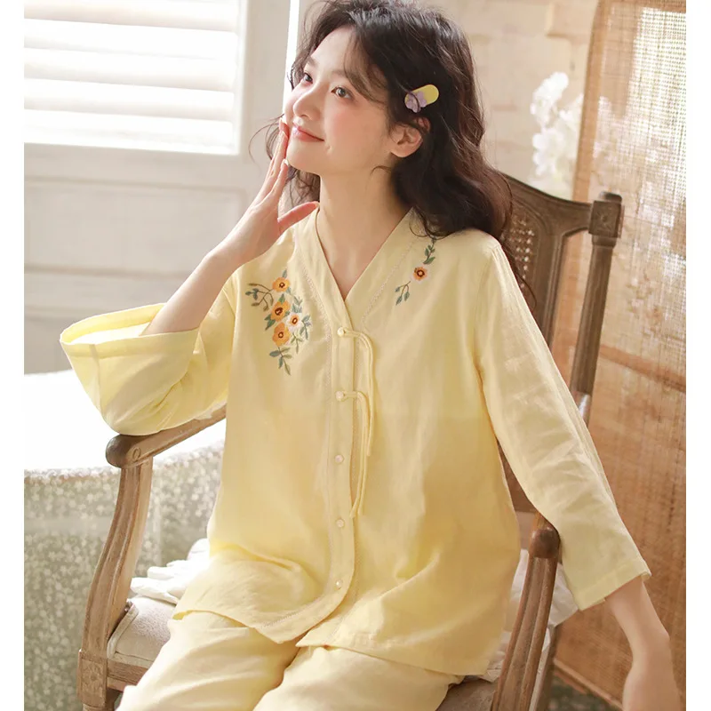 soft-cotton-summer-spring-autumn-women's-sleepwear-set-with-embroidery-v-neck-seven-eighth-sleeve-cotton-gauze-home-clothes