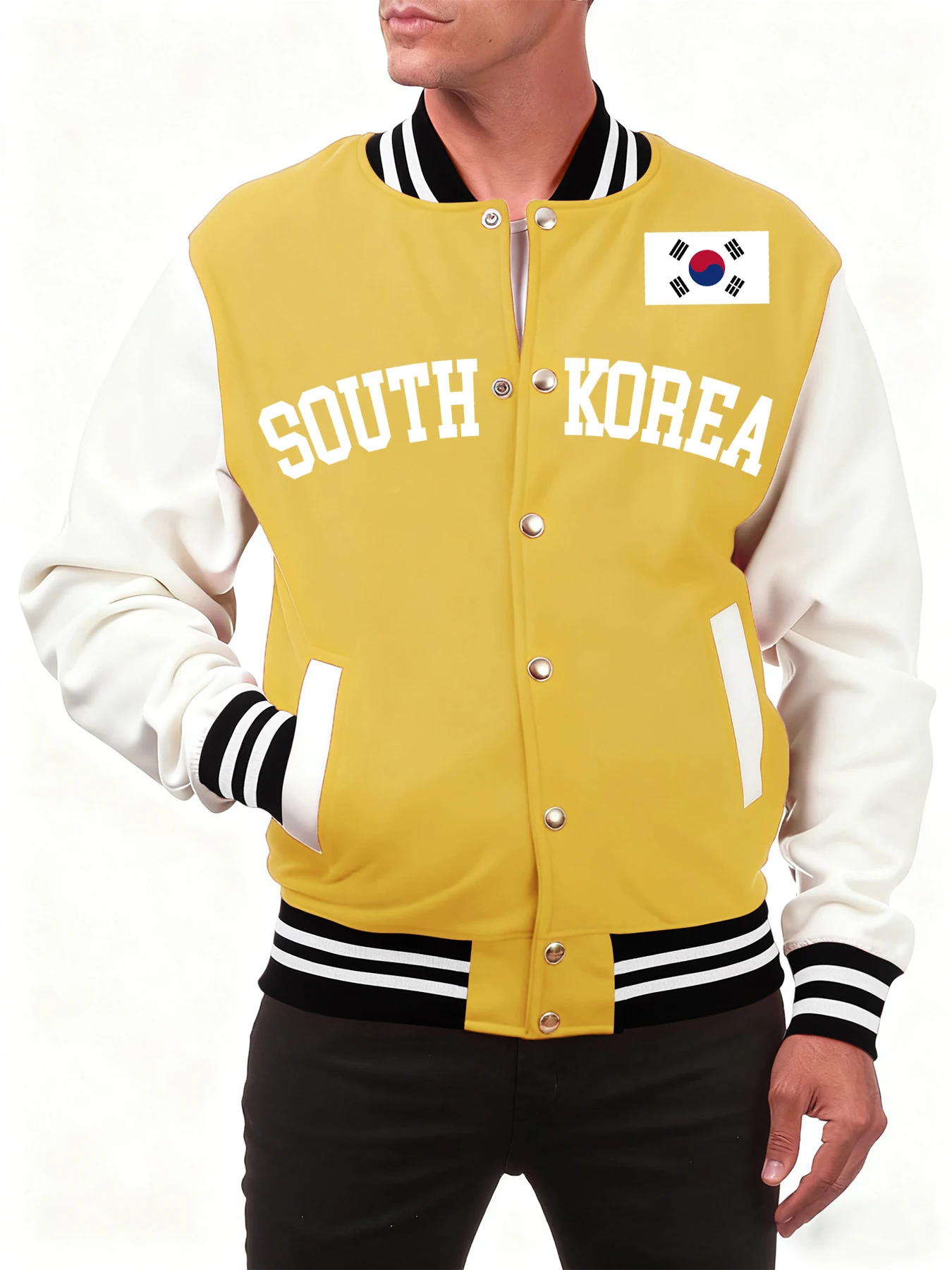 

South Korea Nation Letter Print Male Baseball Jacket Street Hip Hop Fleece Coat Sport Casual Fashion Clothing Button Loose Tops
