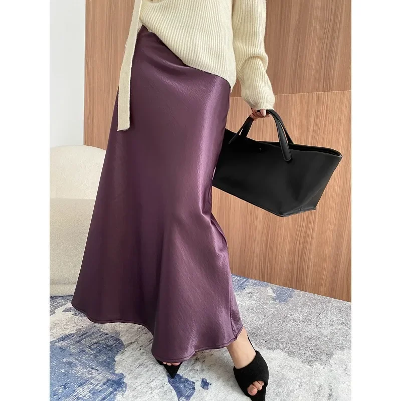 Women Vintage Wine Elegant Thick Temperament High Waist Drape Satin Fashion Simple Basic Office Lady Black Purple Long Skirt