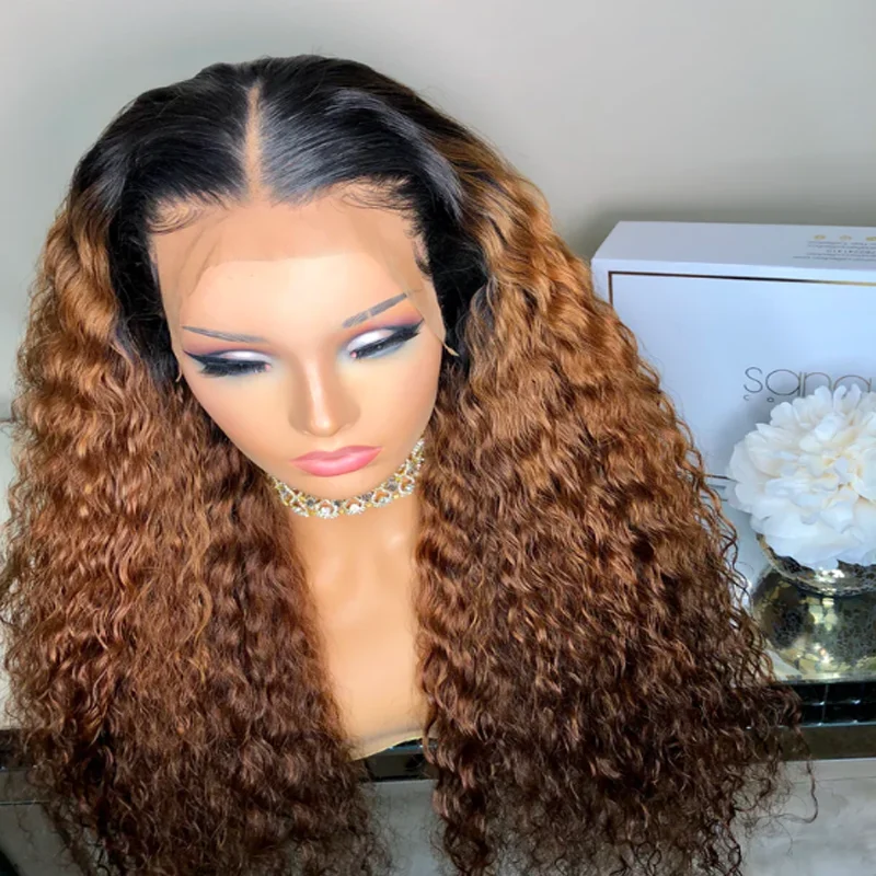 180Density Ombre Brown Soft 26inch Glueless Long Kinky Curly Deep Lace Front Wig For Women With Baby Hair Preplucked Daily