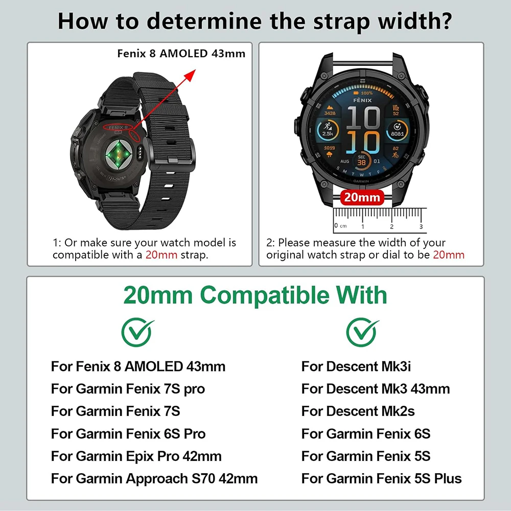 Nuovo cinturino sportivo in nylon da 20mm per Garmin Fenix 8 43mm 7S 7S Pro tessuto donna uomo cinturino per Garmin Fenix 6S Pro 5S Plus