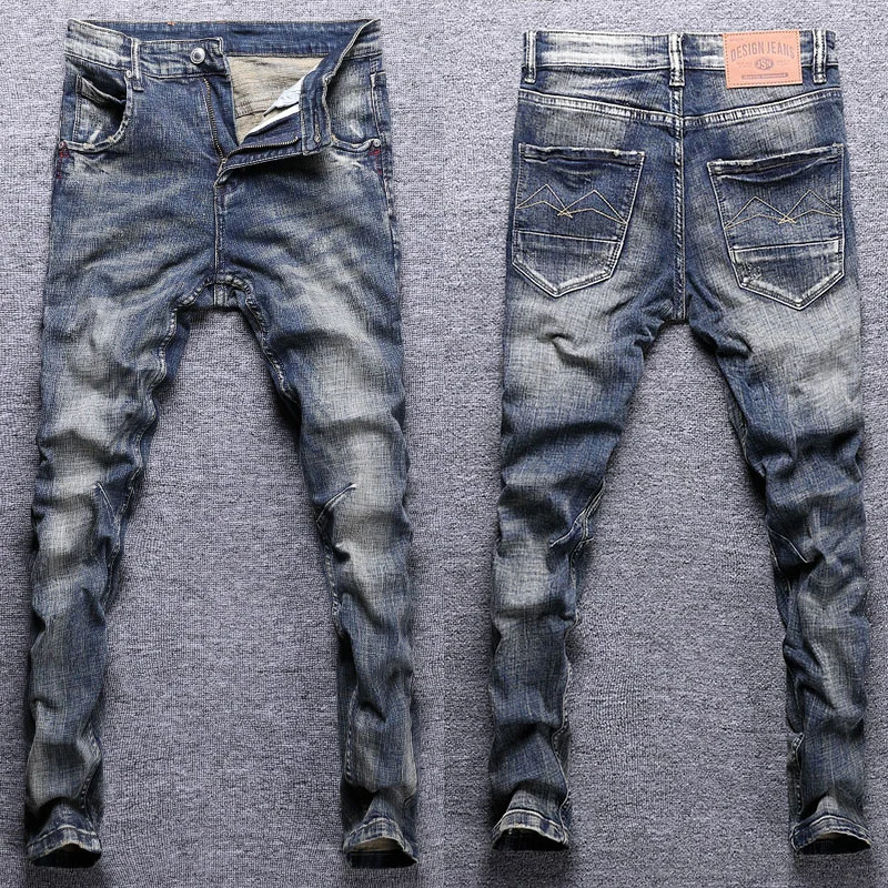 

Newly Designer Fashion Men Jeans Retro Blue Elastic Slim Fit Ripped Jeans Men Spliced Vintage Casual Stretch Denim Pants Hombre