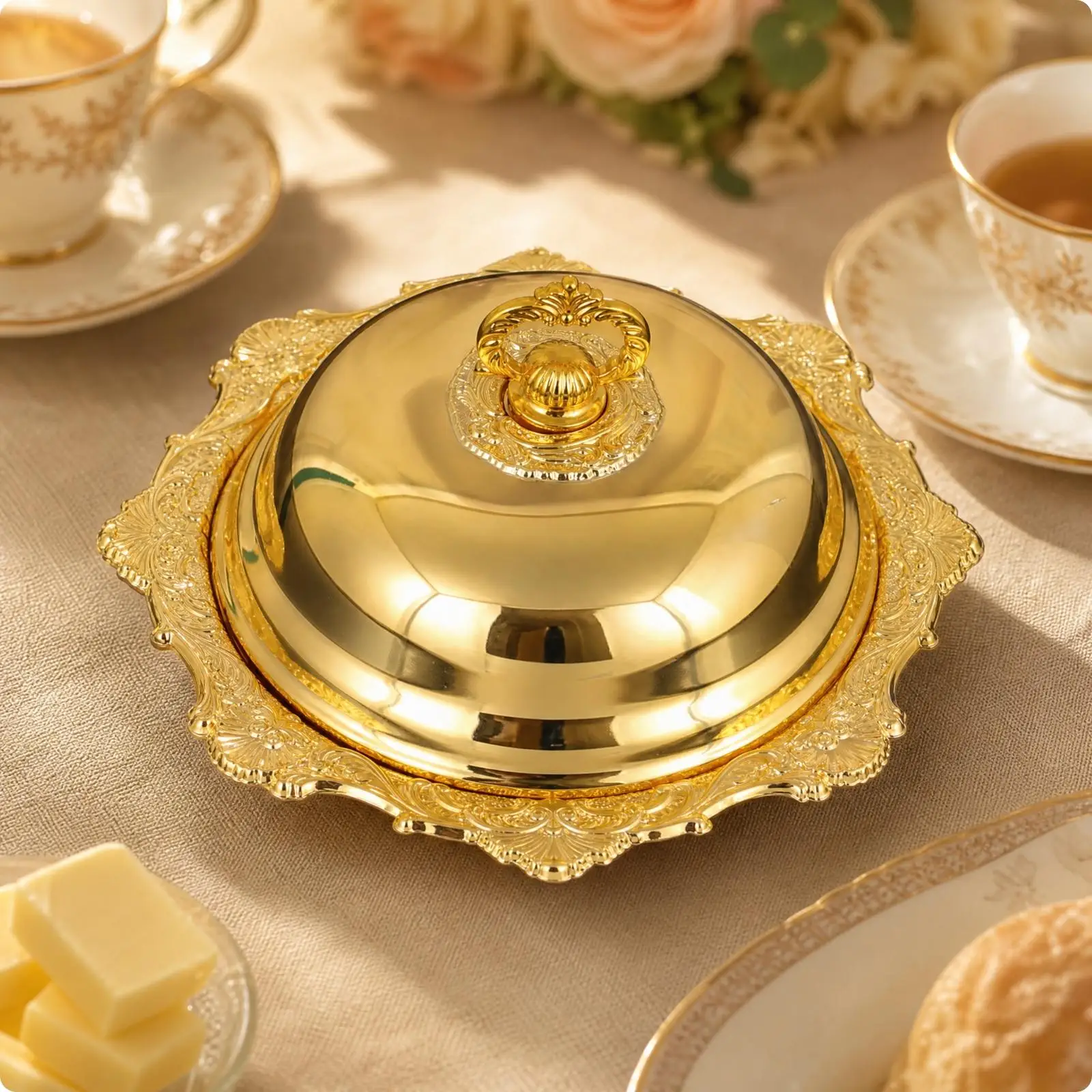 Gold Butter Dish with Embossed Border | Ornate, Decorative, Round Butter Dish with Metallic Lid, for Breakfast Table