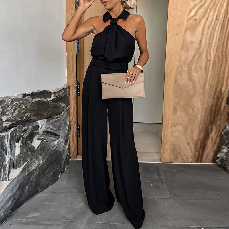 Sexy Halter Off Shoulder Commuter Jumpsuit Women Spring Solid High Waist Straight Romper Summer Back Zip Wide Leg Pants Overalls