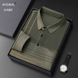 New Men Long Sleeve Polo Shirt Lapel Stripe Business Polo Shirt Turndown Casual T-Shirt with Pockets