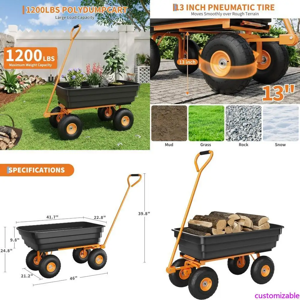 

Сверхмощная садовая тележка на 6 кубических ножках с грузоподъемностью 1200 фунтов и вездеходными колесами 13 дюймов