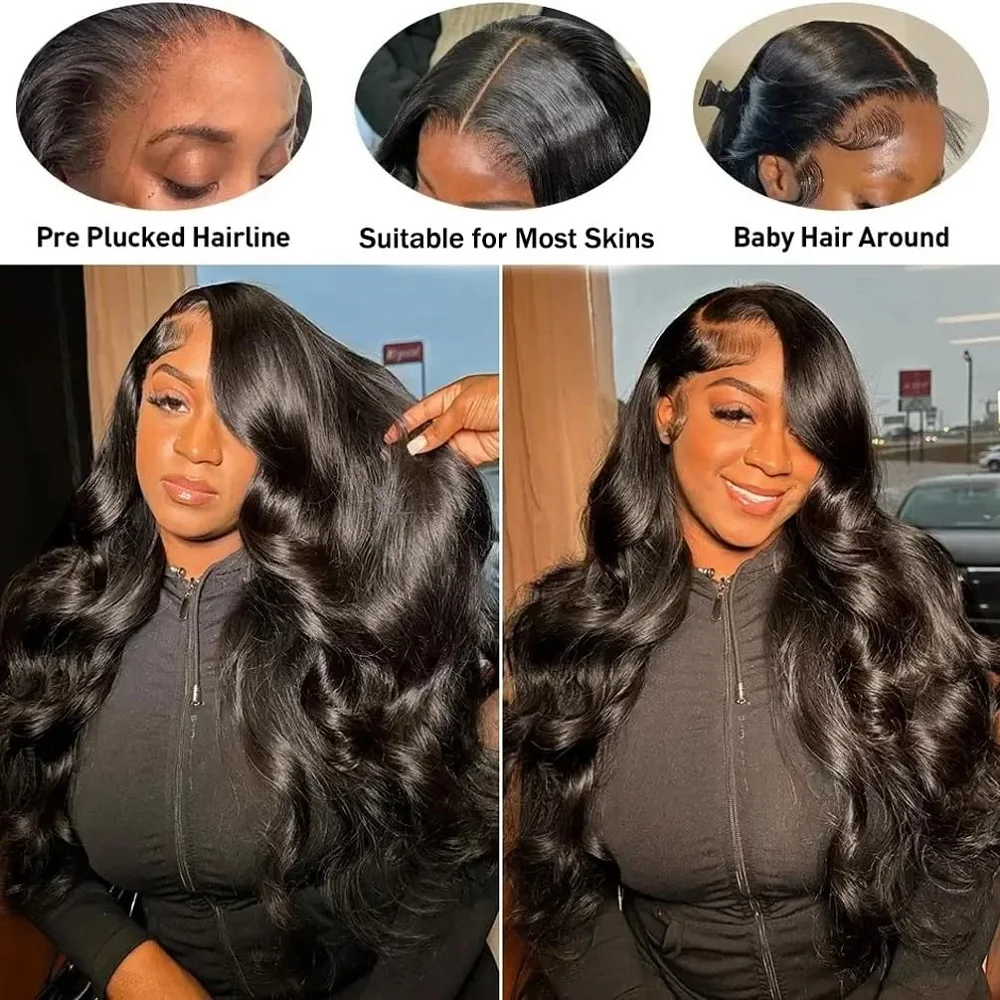 Perruque Lace Front Wig Body Wave naturelle, cheveux humains, pre-plucked, sans colle, densité 180%