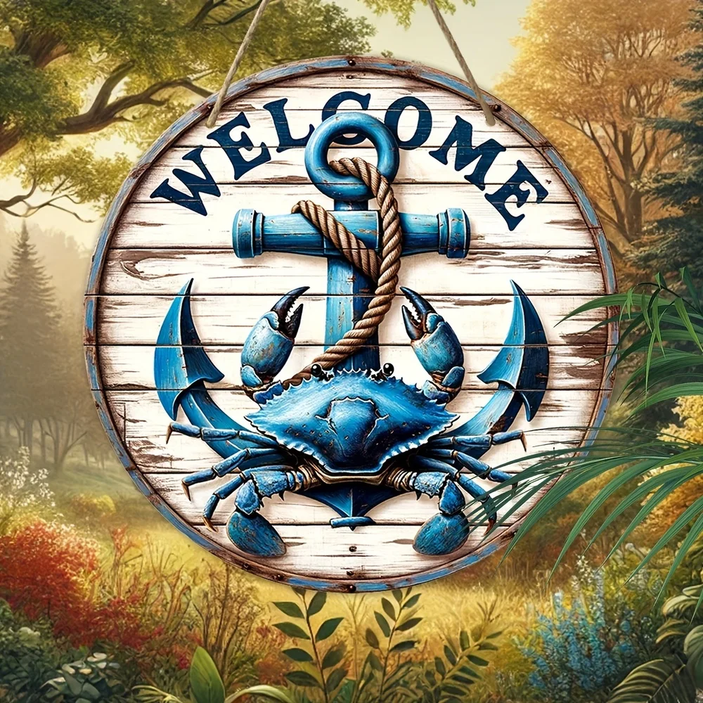 Rustic Wooden Welcome Sign - 19.99cm X 19.99cm | Nautical Crab & Anchor Design | Perfect For Front Door, Kitchen, Garden