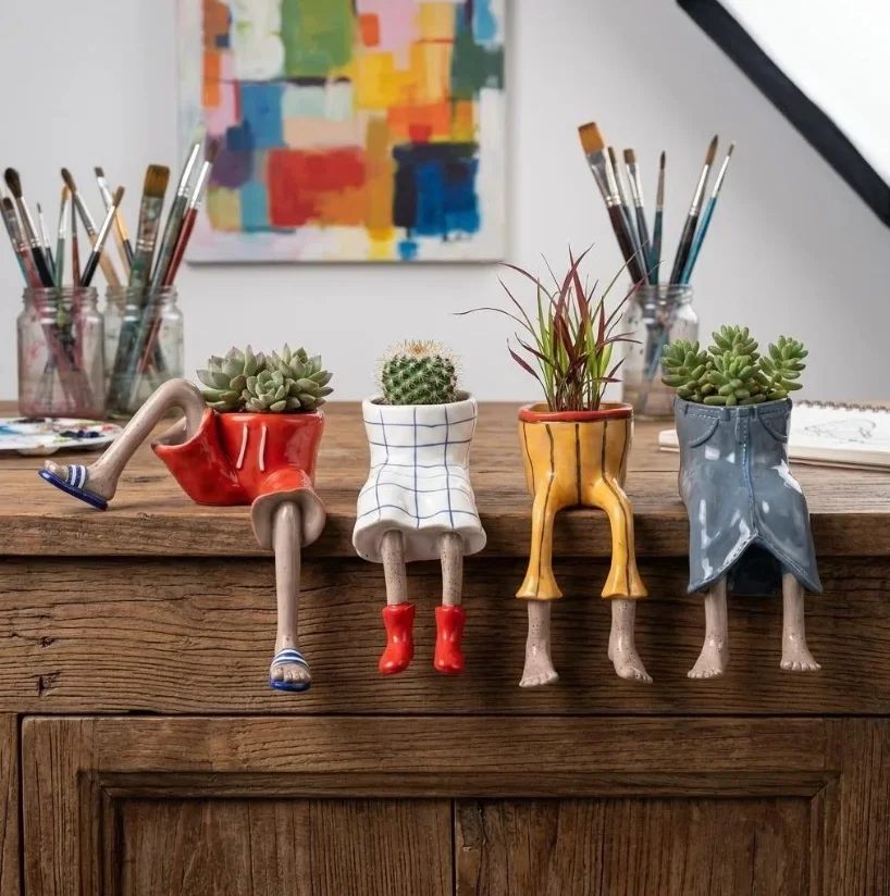 Novelty Sitting Legs Ceramic Planter Cute Dress Jeans Shaped Flower Pot Funny Ceramic Planter for Home Decor Creative Gift