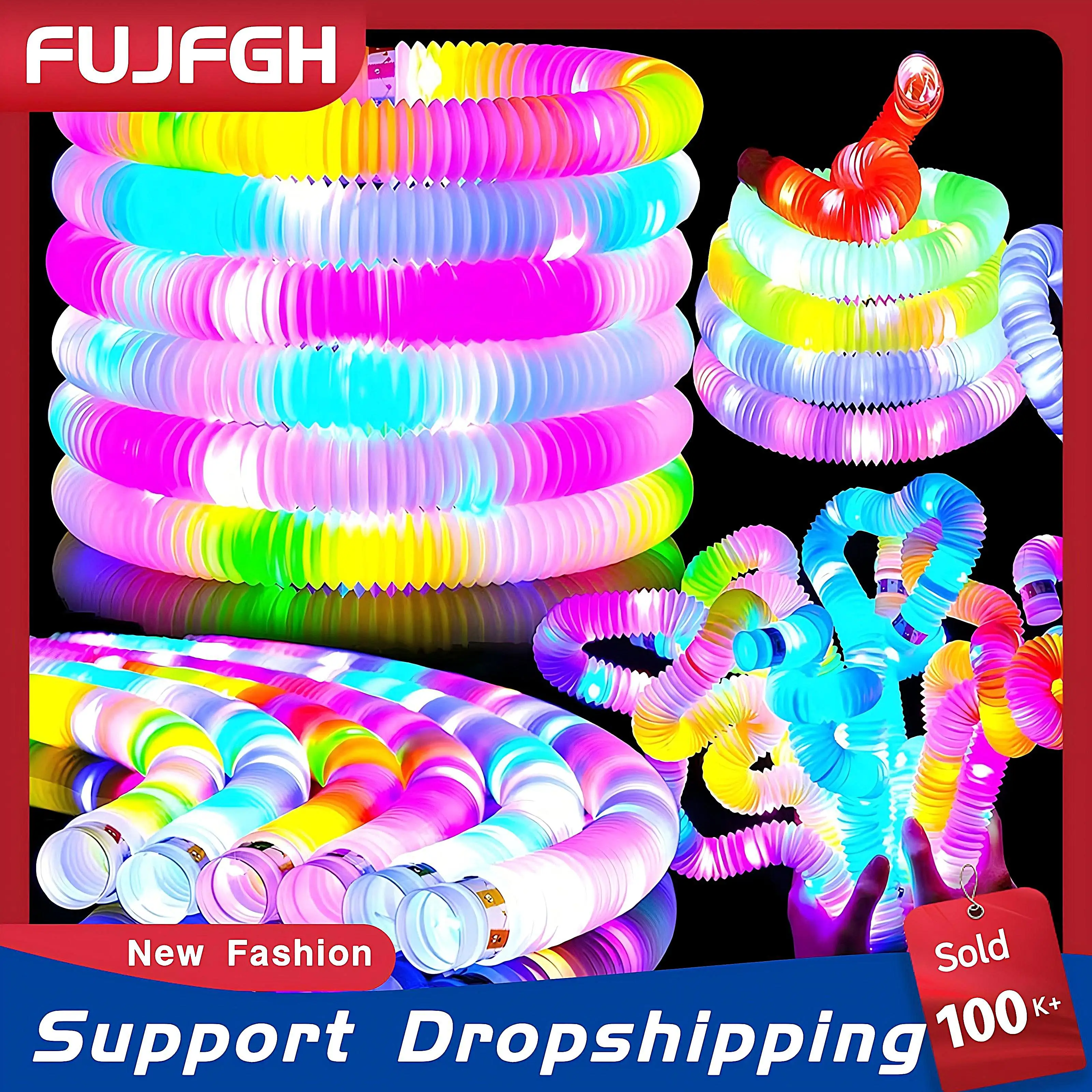 6/12/18/24 pcs Pop Tubes Lighted LED Sensory Toys Pull Stretch Tube Toddlers Gifts Children\'s Luminous Popping Party Supplies