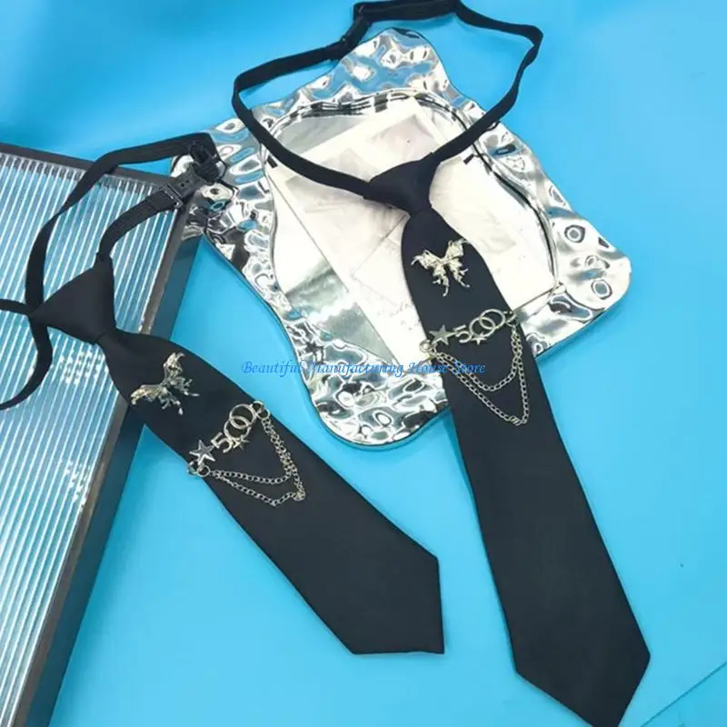 E56A Punk Pre Tied Metal Chain Black Ties for Women/Girls for Normal Shirt Or Blouse