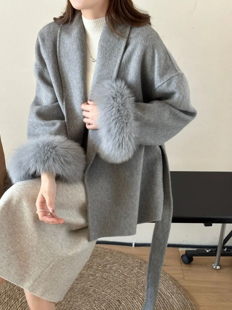 LANMREM Double Sided Wool Coat For Women Fox Fur Stitching Sleeves Lapel Solid Color Belt Coats Woolen Clothing Winter 2DA2598