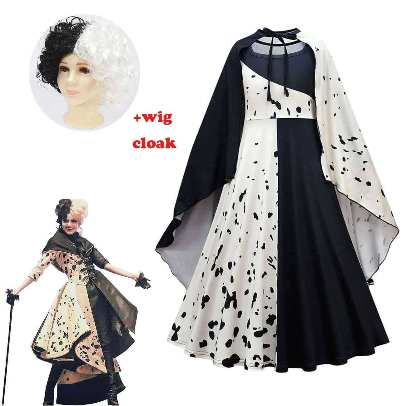 Cartoon Movie Evil Madame Cruella De Vil Cosplay Costume Kids Gown Black White Maid Dress Halloween Party dress with cloak wig