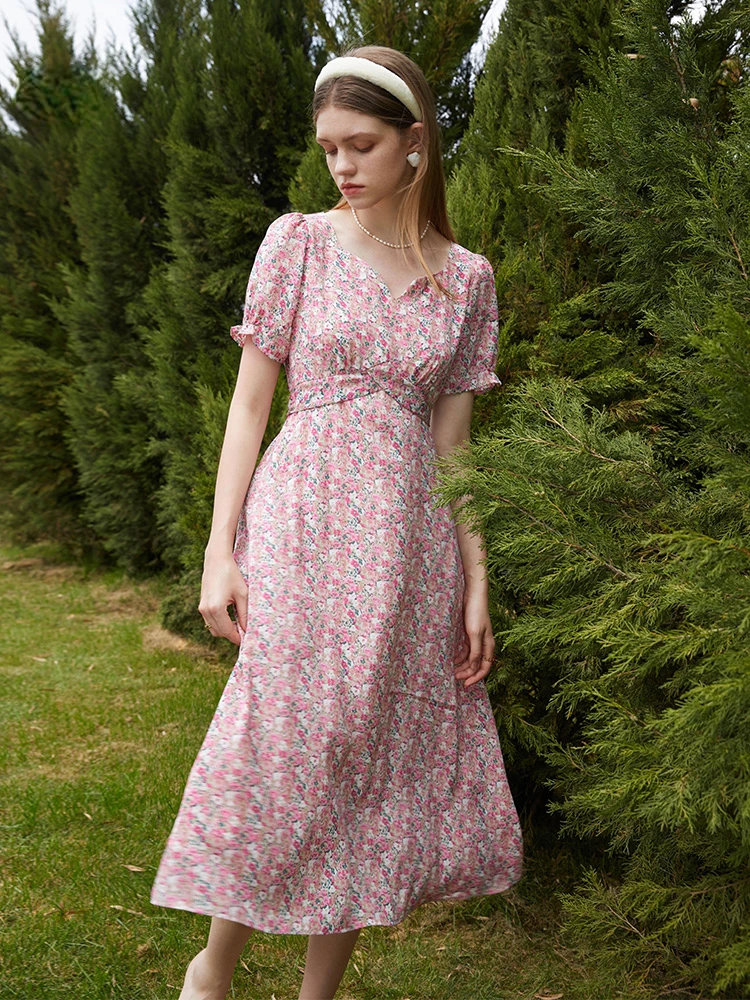 FSLE 2022 Summer New French Gentle Wind Women\'s Floral Dress V-neck Mini Chiffon Skirt Long Dress Female Holiday Sense